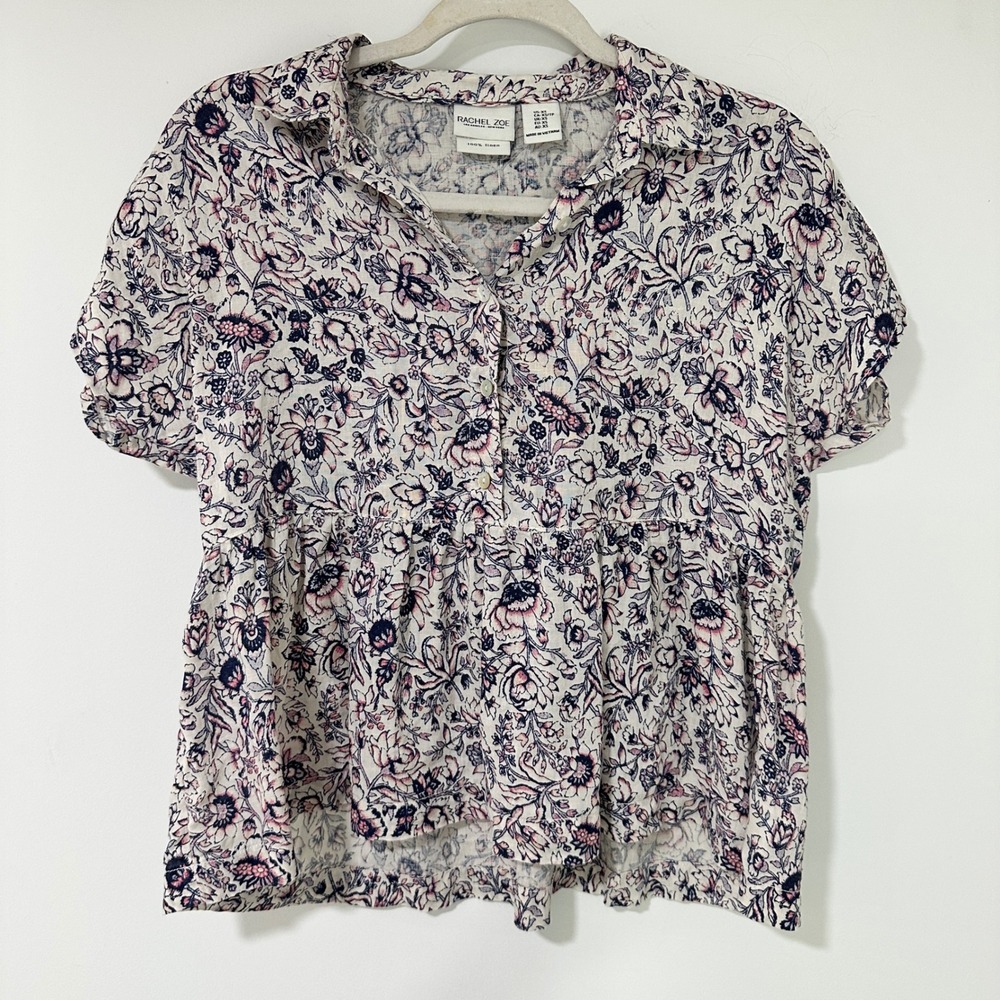 Rachel Zoe Top Womens XS Blue Pink Floral Linen Peplum Button‎ Up Short Sleeve